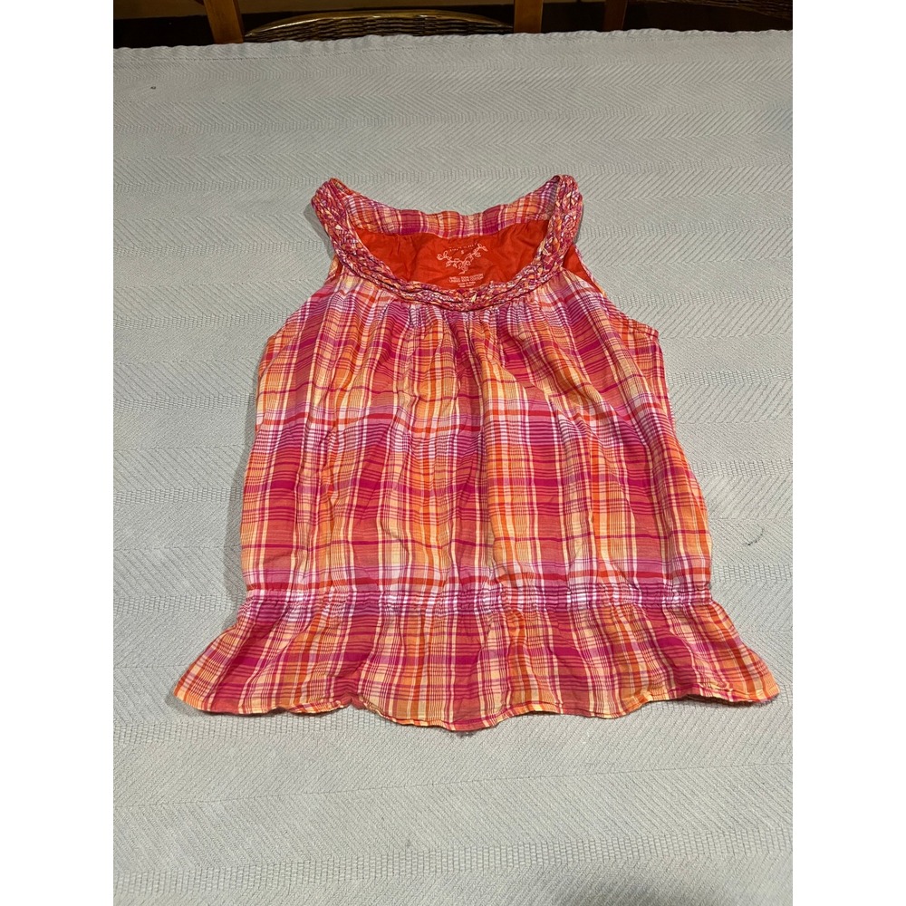Sonoma Life + Style Y2K Boho Orange Pink Plaid Tank Braided Collar Womens Size S